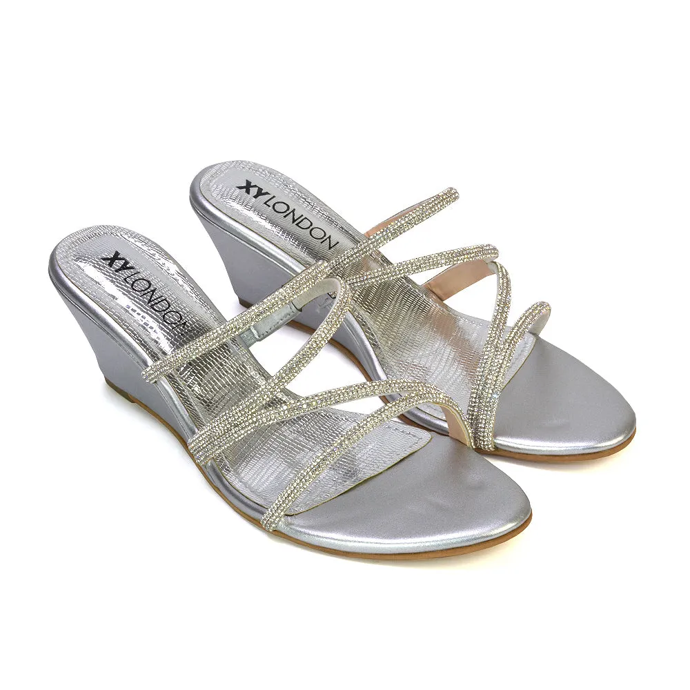 Lilliana Slip On Strappy Diamante Wedge Heel Summer Sandals in Silver sold by XYlondon product image thumbnail 2