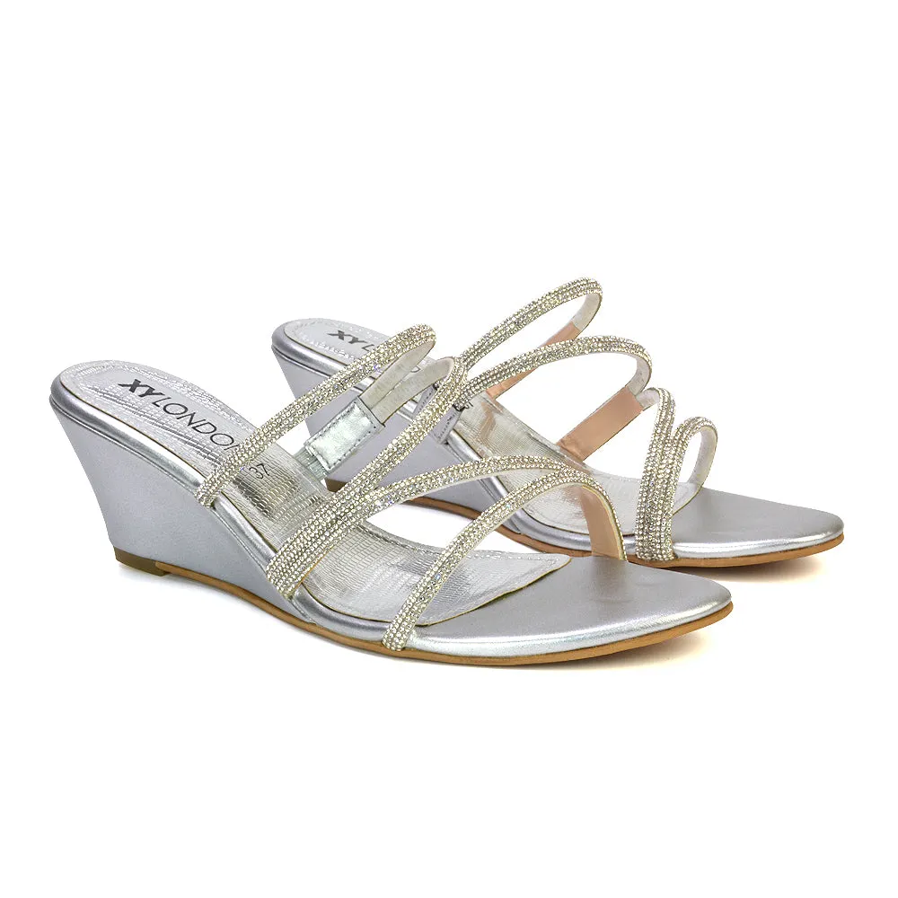 Lilliana Slip On Strappy Diamante Wedge Heel Summer Sandals in Silver sold by XYlondon product image thumbnail 4