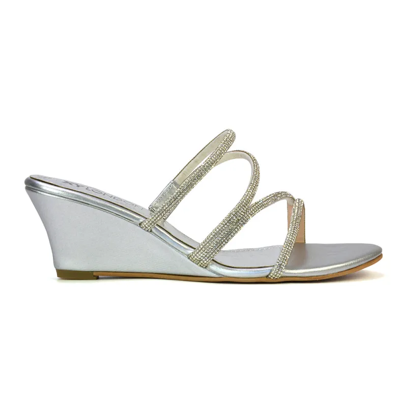 Lilliana Slip On Strappy Diamante Wedge Heel Summer Sandals in Silver sold by XYlondon