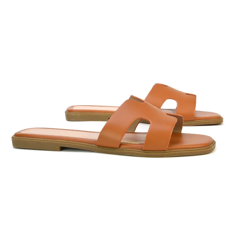 Leanna Cut Out Slip On Flat Sandals Sliders in Tan sold by XYlondon