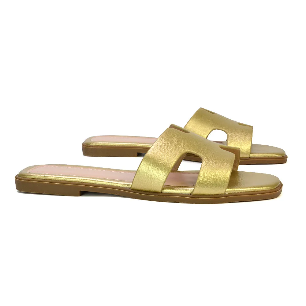 Leanna Cut Out Slip On Flat Sandals Sliders in Gold sold by XYlondon
