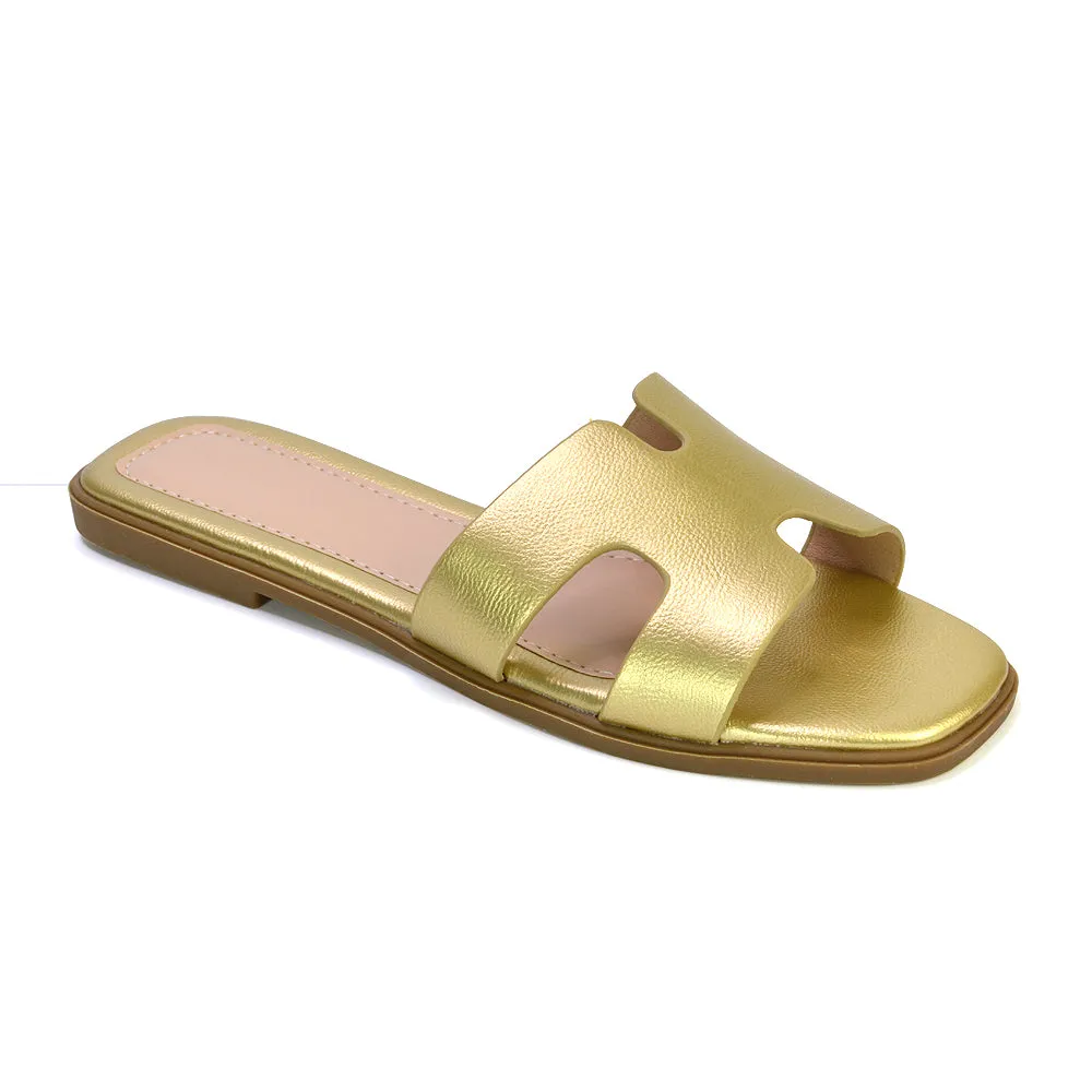 Leanna Cut Out Slip On Flat Sandals Sliders in Gold sold by XYlondon product image thumbnail 2