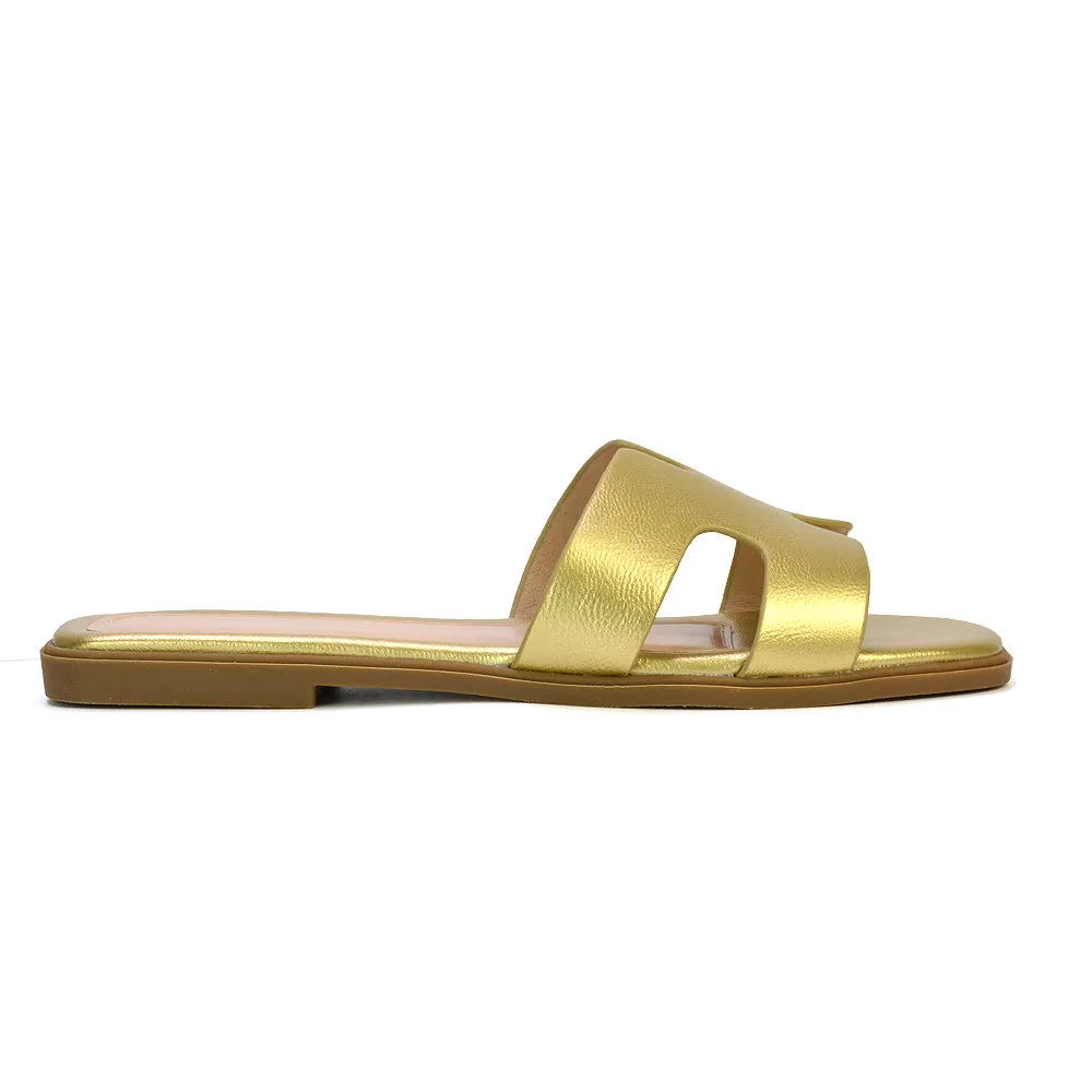 Leanna Cut Out Slip On Flat Sandals Sliders in Gold sold by XYlondon product image thumbnail 3