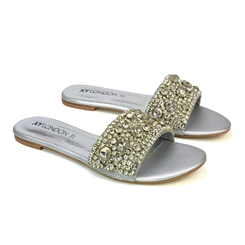 Brielle Metallic Slip On Diamante Flat Sandal Sliders in Silver sold by XYlondon product image thumbnail 5
