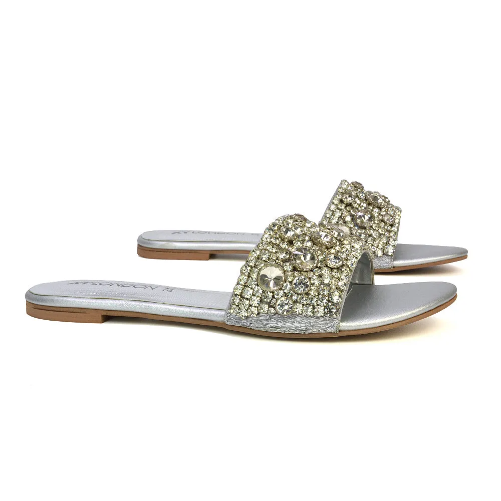 Brielle Metallic Slip On Diamante Flat Sandal Sliders in Silver sold by XYlondon