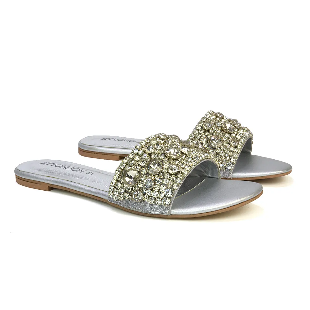 Brielle Metallic Slip On Diamante Flat Sandal Sliders in Silver sold by XYlondon product image thumbnail 4