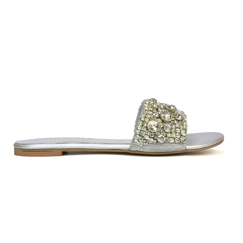 Brielle Metallic Slip On Diamante Flat Sandal Sliders in Silver sold by XYlondon product image thumbnail 3