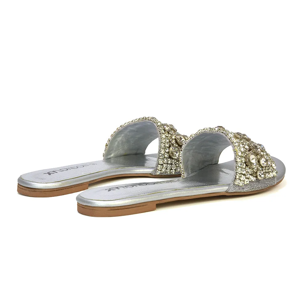 Brielle Metallic Slip On Diamante Flat Sandal Sliders in Silver sold by XYlondon product image thumbnail 2