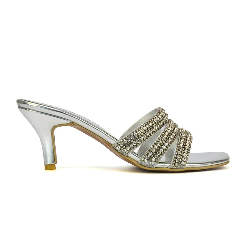 Harli Diamante Mid High Heel Stiletto Square Toe Mule Heels in Silver sold by XYlondon