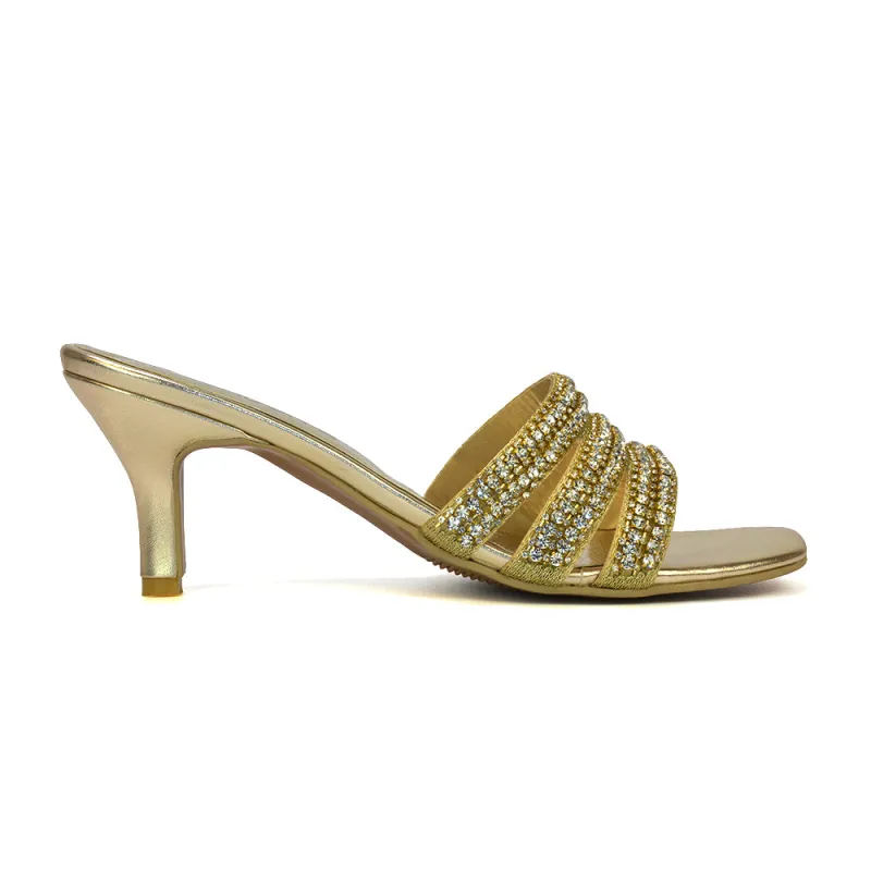 Harli Diamante Mid High Heel Stiletto Square Toe Mule Heels in Gold sold by XYlondon