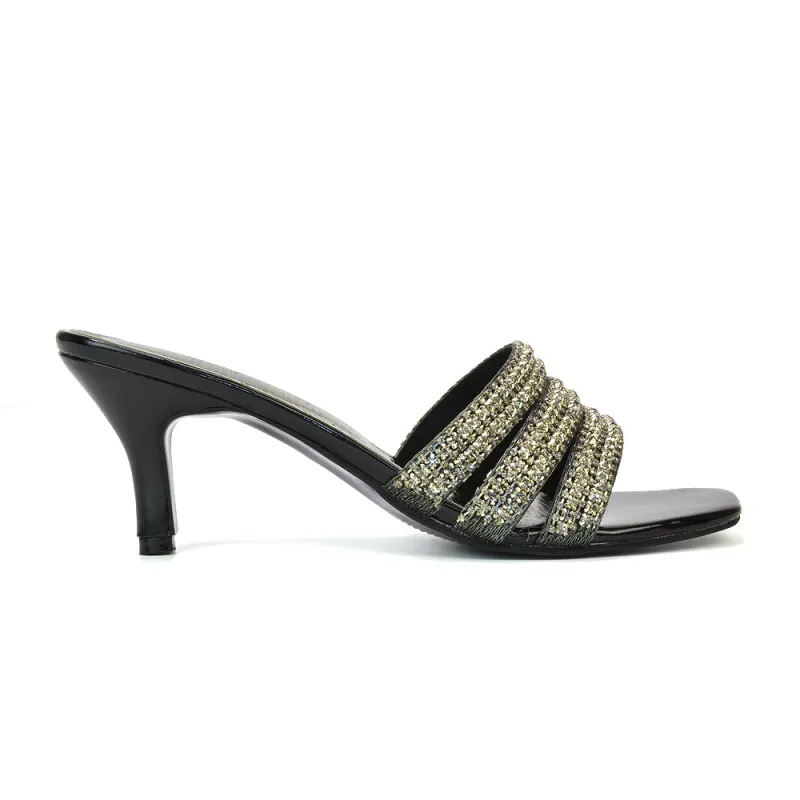 Harli Diamante Mid High Heel Stiletto Square Toe Mule Heels in Black sold by XYlondon
