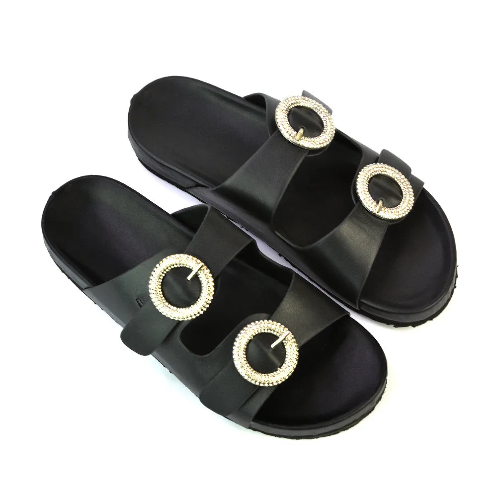 Reggie Double Strap Diamante Slip On Flat Sandals Sliders in Black sold by XYlondon