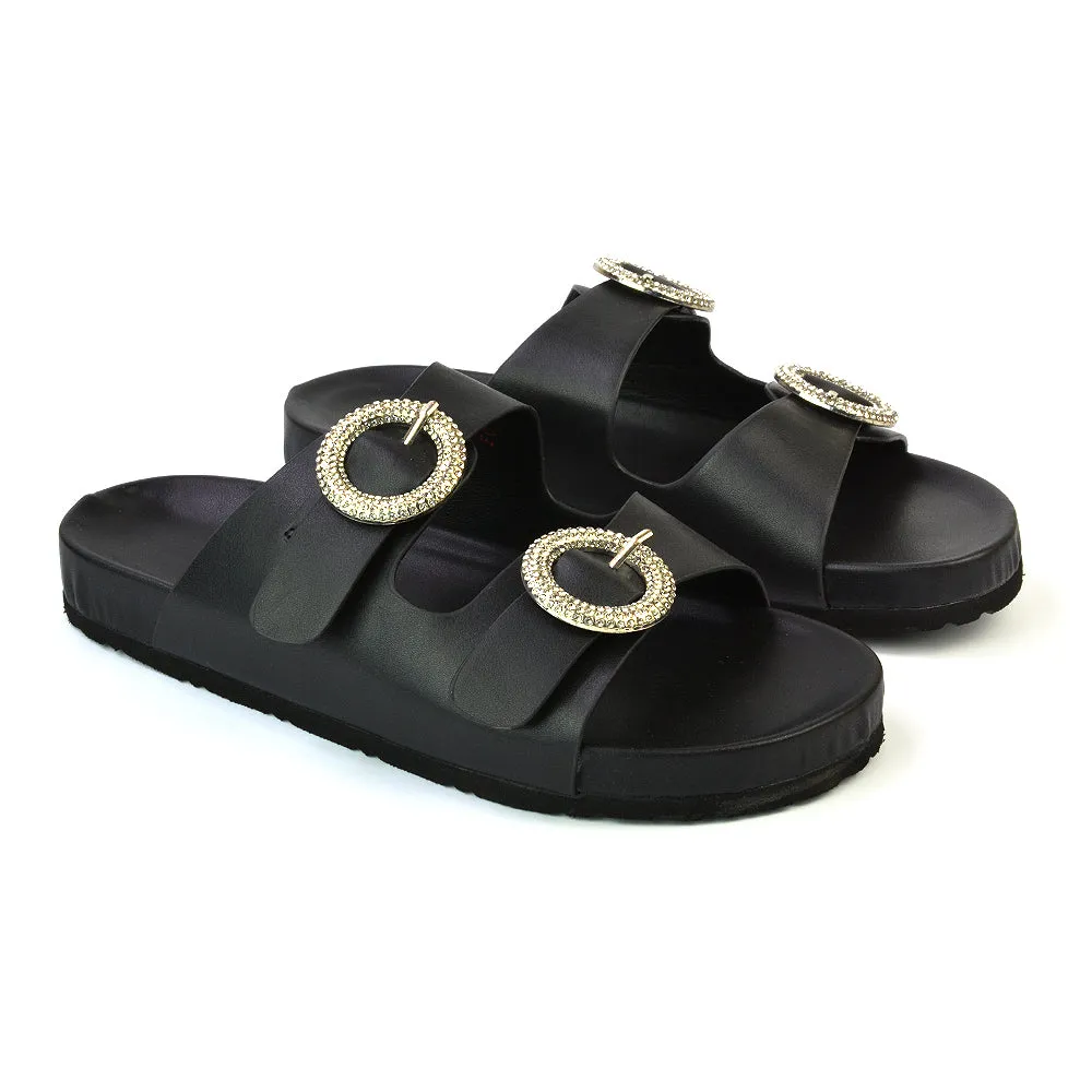 Reggie Double Strap Diamante Slip On Flat Sandals Sliders in Black sold by XYlondon product image thumbnail 4