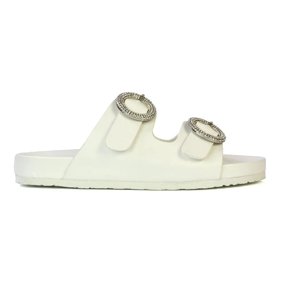 Reggie Double Strap Diamante Slip On Flat Sandals Sliders in White sold by XYlondon product image thumbnail 3