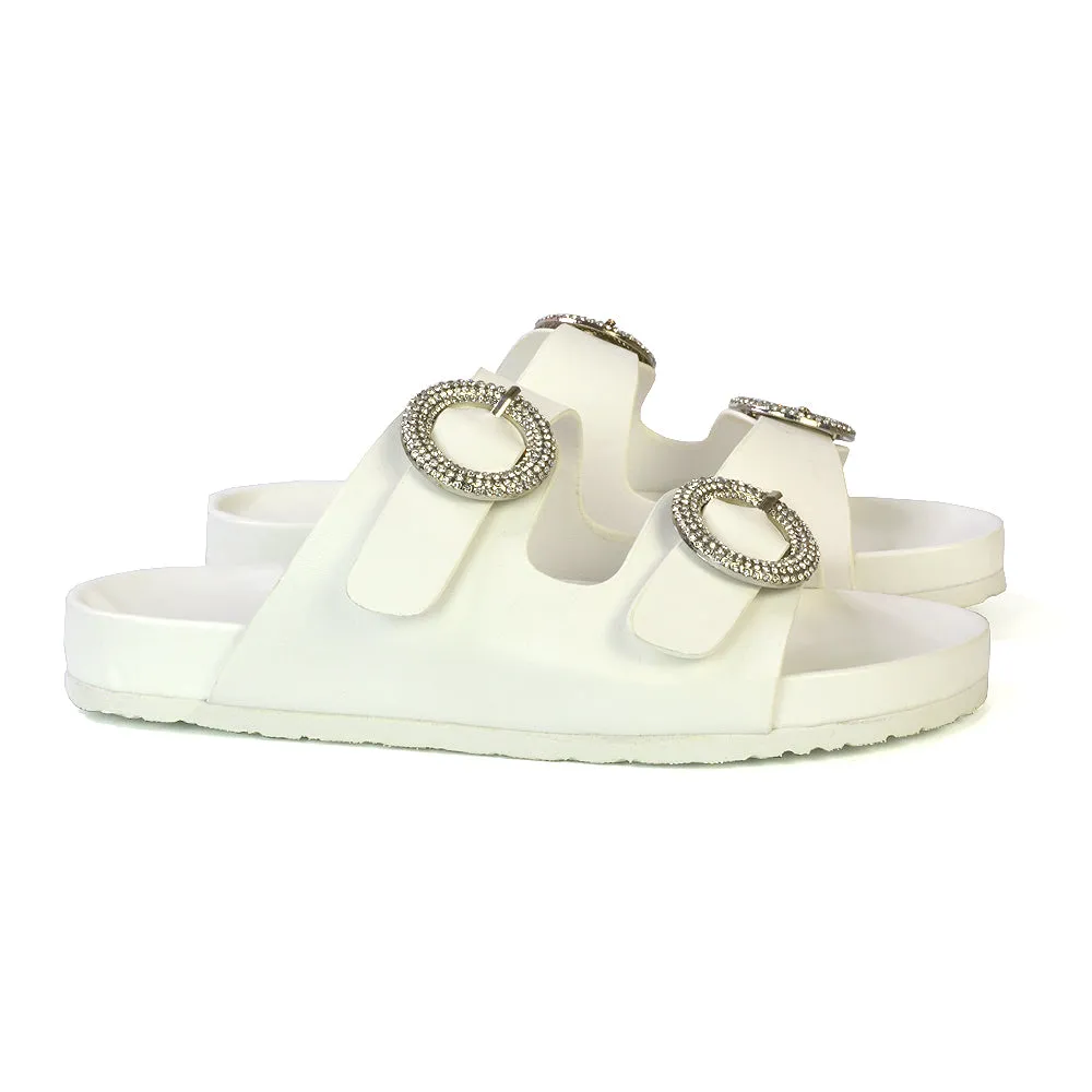 Reggie Double Strap Diamante Slip On Flat Sandals Sliders in White sold by XYlondon product image thumbnail 5