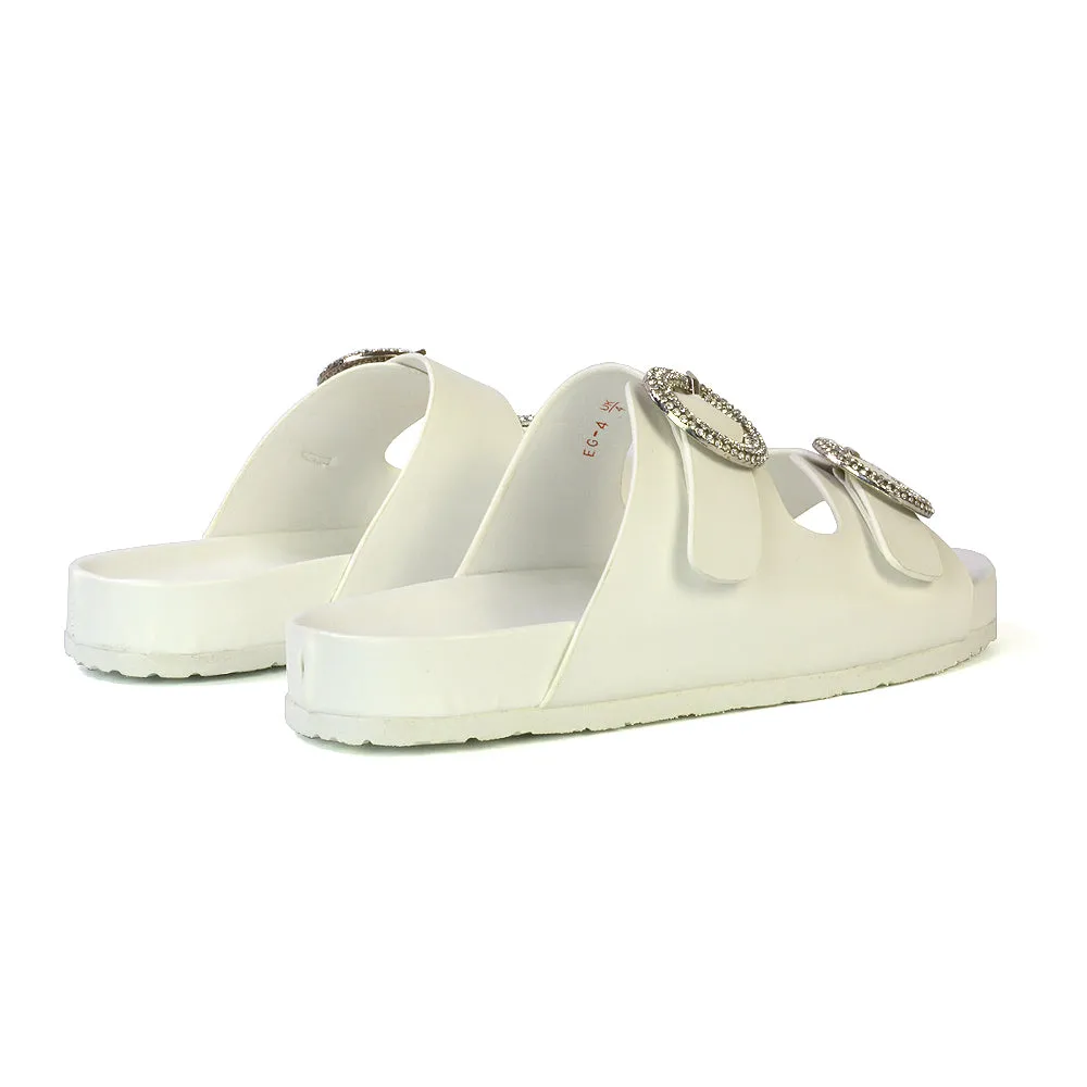 Reggie Double Strap Diamante Slip On Flat Sandals Sliders in White sold by XYlondon product image thumbnail 2