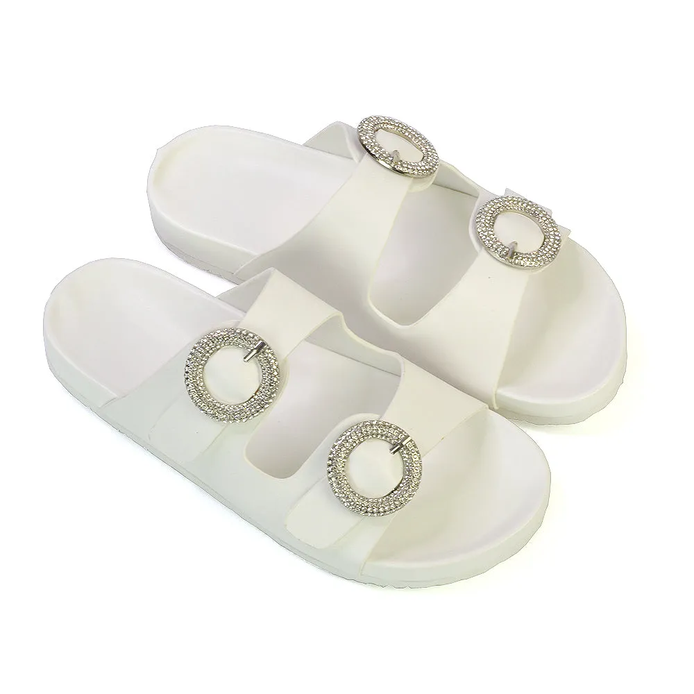 Reggie Double Strap Diamante Slip On Flat Sandals Sliders in White sold by XYlondon