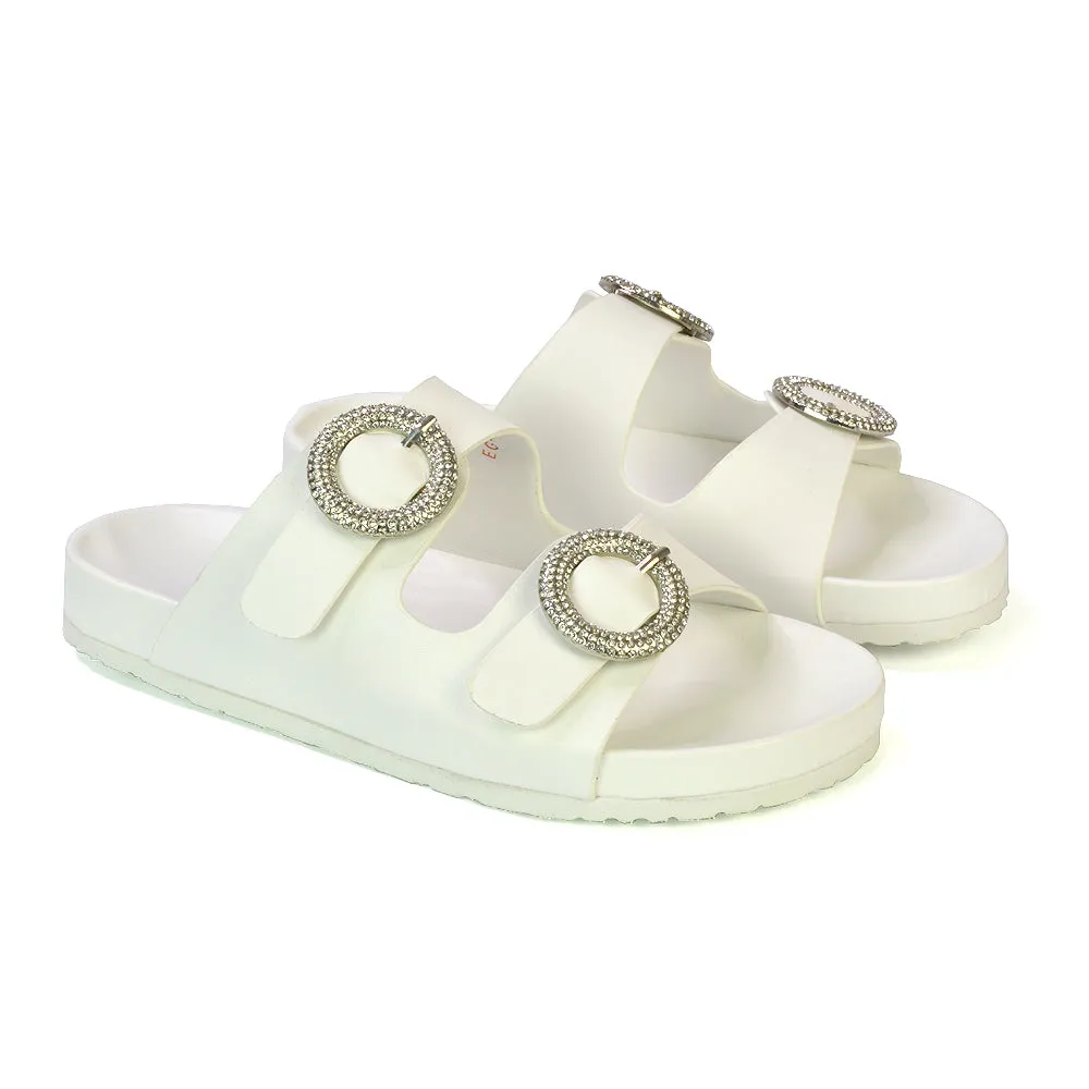 Reggie Double Strap Diamante Slip On Flat Sandals Sliders in White sold by XYlondon product image thumbnail 4