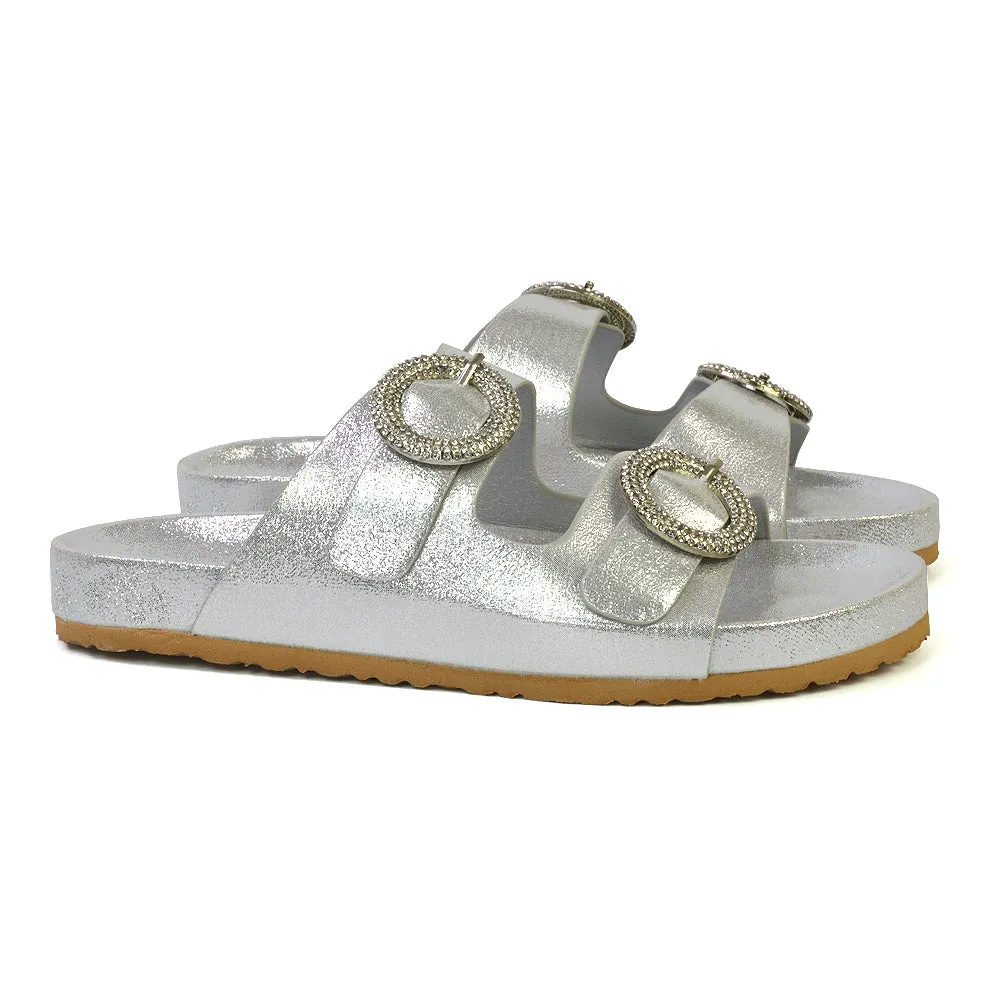 Reggie Double Strap Diamante Slip On Flat Sandals Sliders in Silver sold by XYlondon product image thumbnail 5