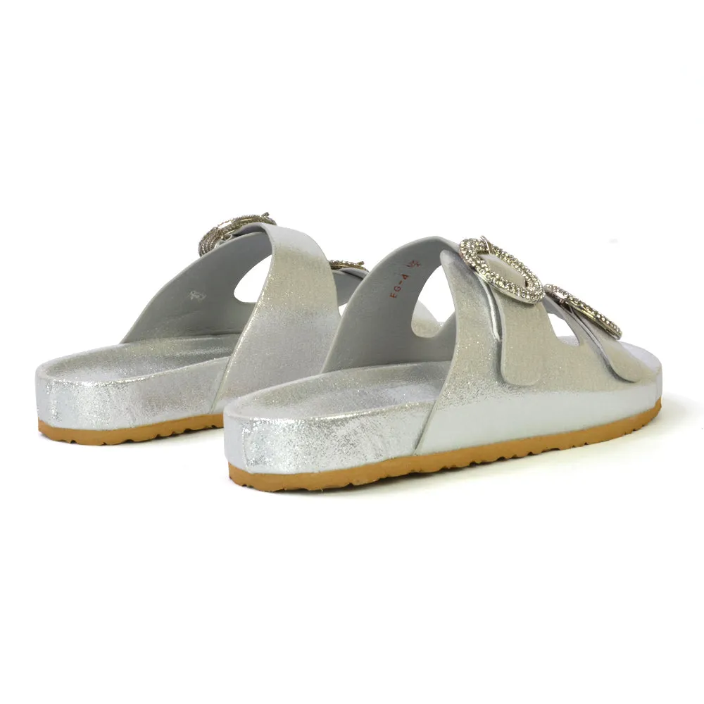 Reggie Double Strap Diamante Slip On Flat Sandals Sliders in Silver sold by XYlondon product image thumbnail 2