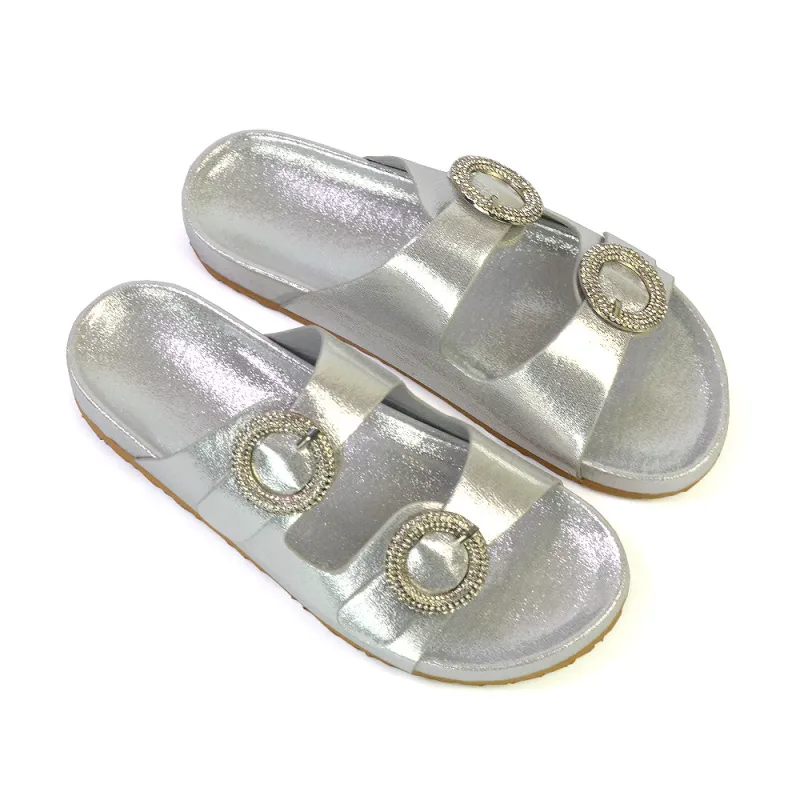 Reggie Double Strap Diamante Slip On Flat Sandals Sliders in Silver sold by XYlondon