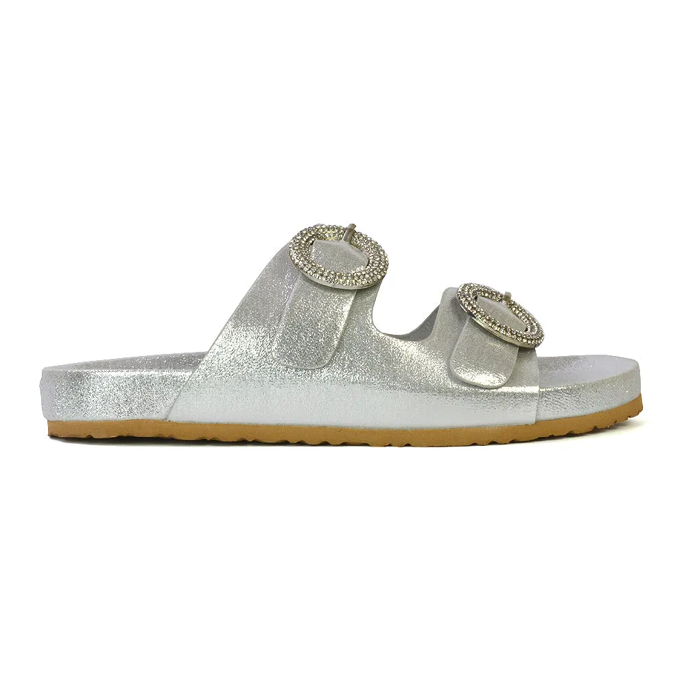 Reggie Double Strap Diamante Slip On Flat Sandals Sliders in Silver sold by XYlondon product image thumbnail 3