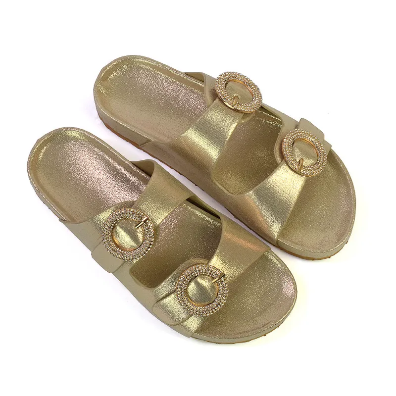 Reggie Double Strap Diamante Slip On Flat Sandals Sliders in Gold sold by XYlondon