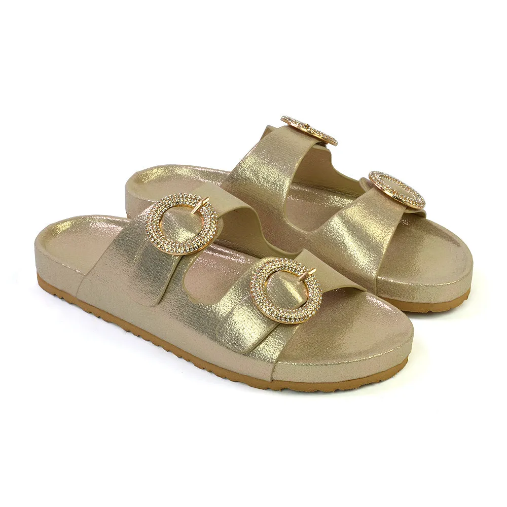 Reggie Double Strap Diamante Slip On Flat Sandals Sliders in Gold sold by XYlondon product image thumbnail 4