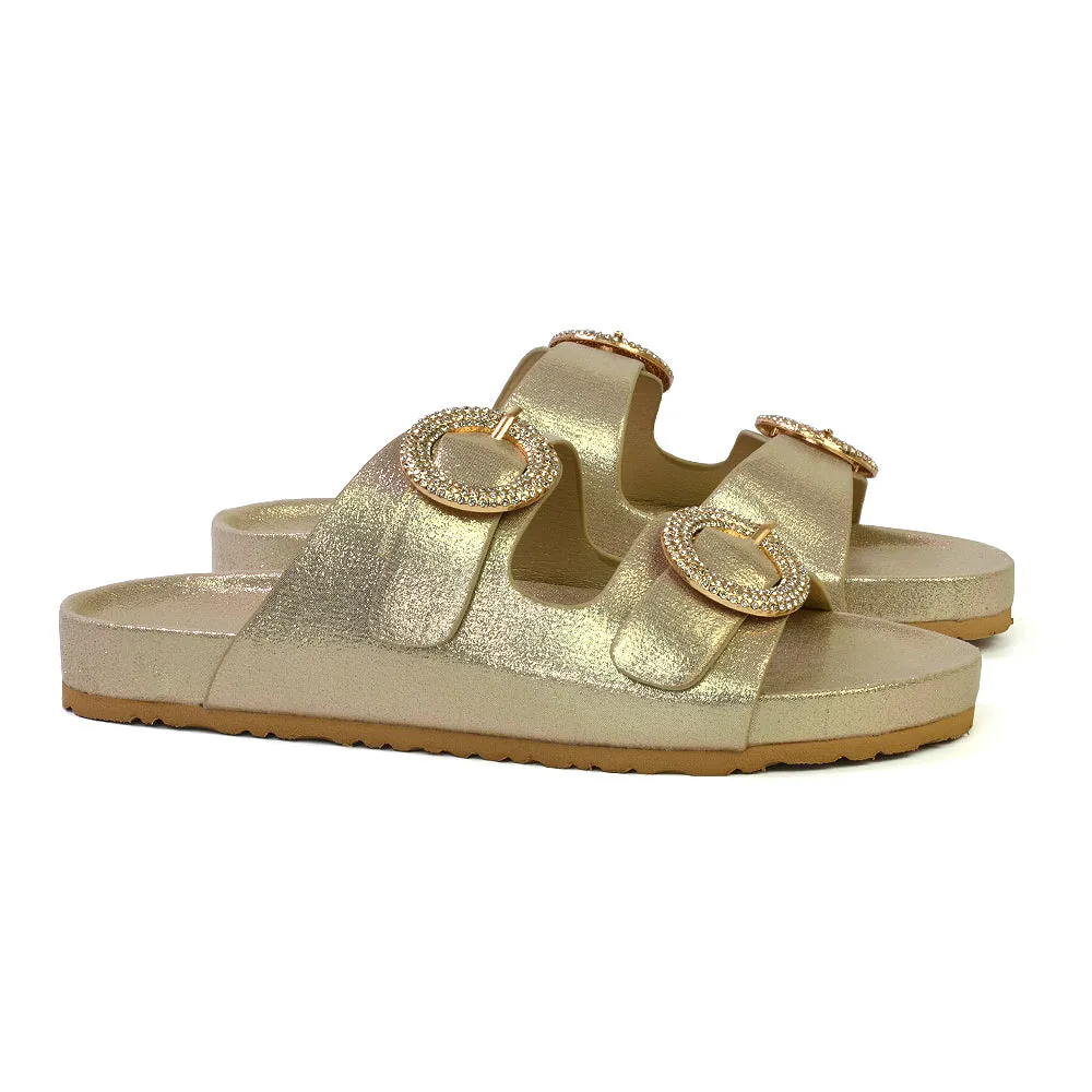 Reggie Double Strap Diamante Slip On Flat Sandals Sliders in Gold sold by XYlondon product image thumbnail 5
