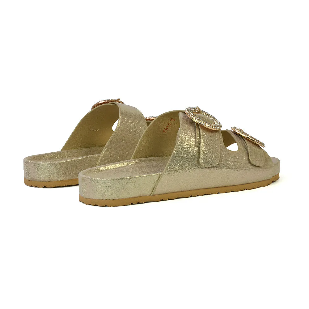 Reggie Double Strap Diamante Slip On Flat Sandals Sliders in Gold sold by XYlondon product image thumbnail 2