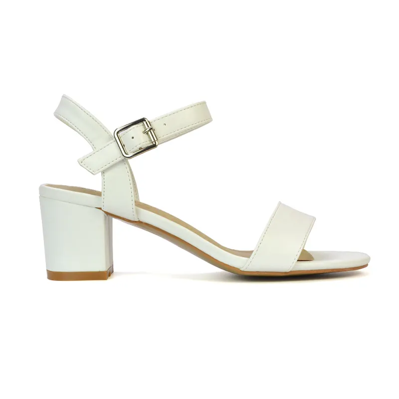 Mariana Strappy Buckle Up Mid Block Heel Sandals in White Synthetic Leather made by XYlondon