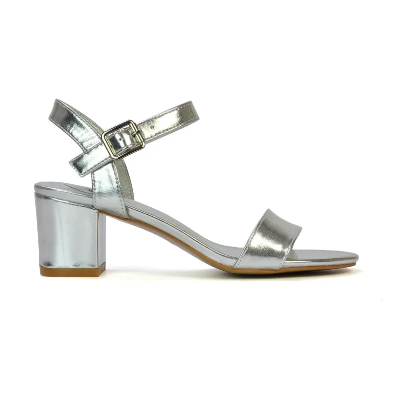 Mariana Strappy Buckle Up Mid Block Heel Sandals in Silver Metallic made by XYlondon