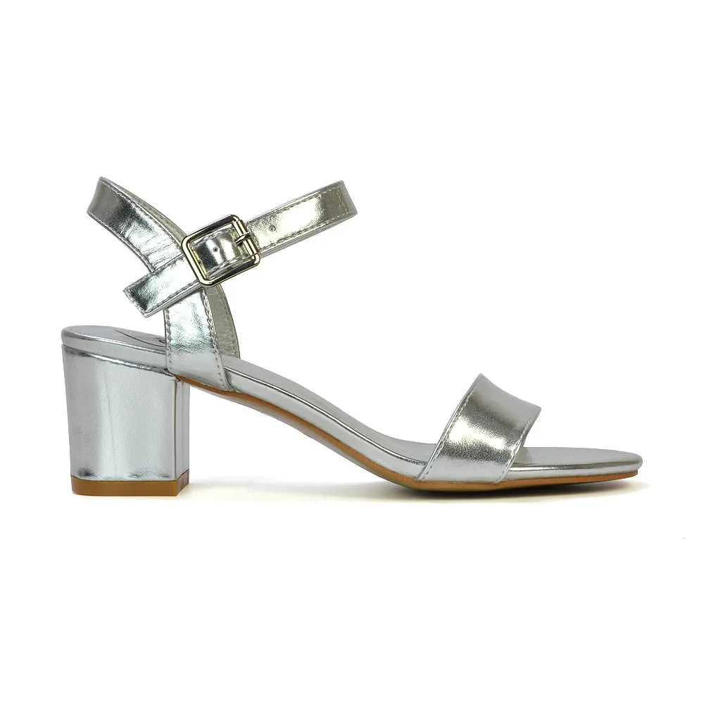 Mariana Strappy Buckle Up Mid Block Heel Sandals in Silver Metallic sold by XYlondon
