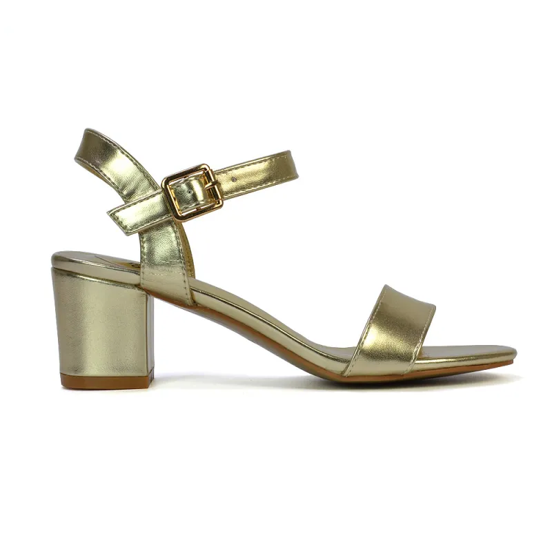 Mariana Strappy Buckle Up Mid Block Heel Sandals in Gold Metallic sold by XYlondon