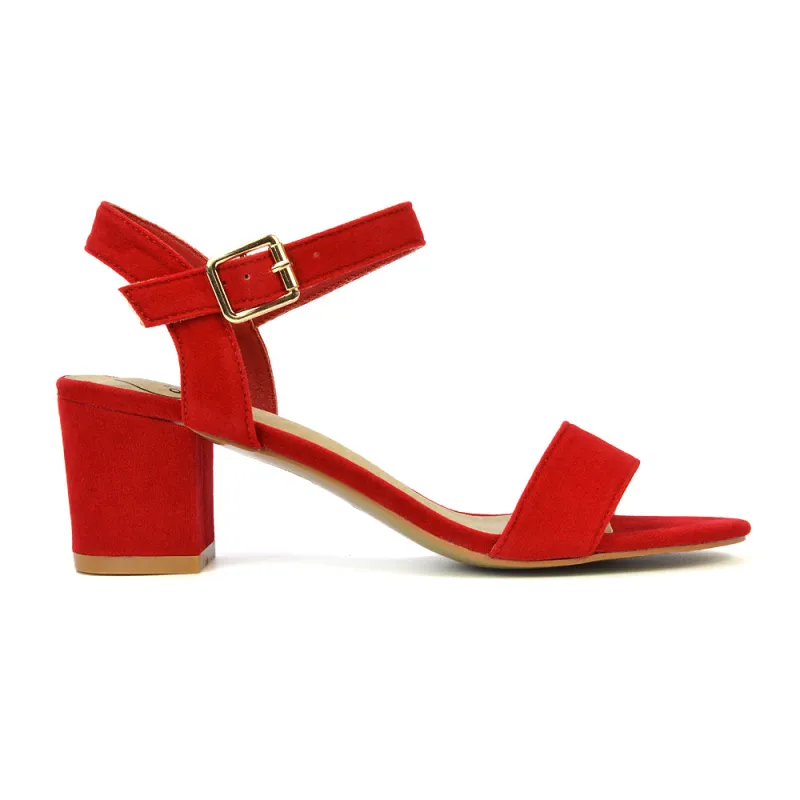 Mariana Strappy Buckle Up Mid Block Heel Sandals in Red Faux Suede made by XYlondon