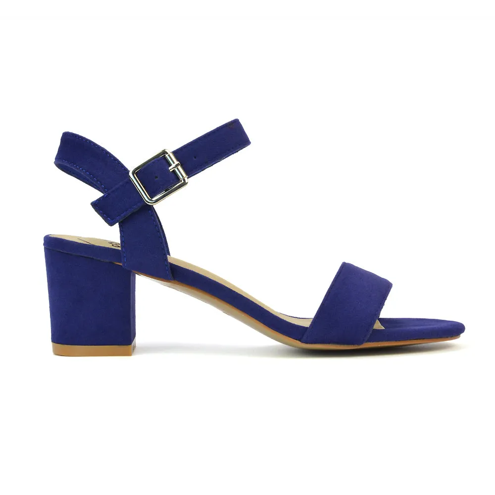 Mariana Strappy Buckle Up Mid Block Heel Sandals in Navy Faux Suede sold by XYlondon