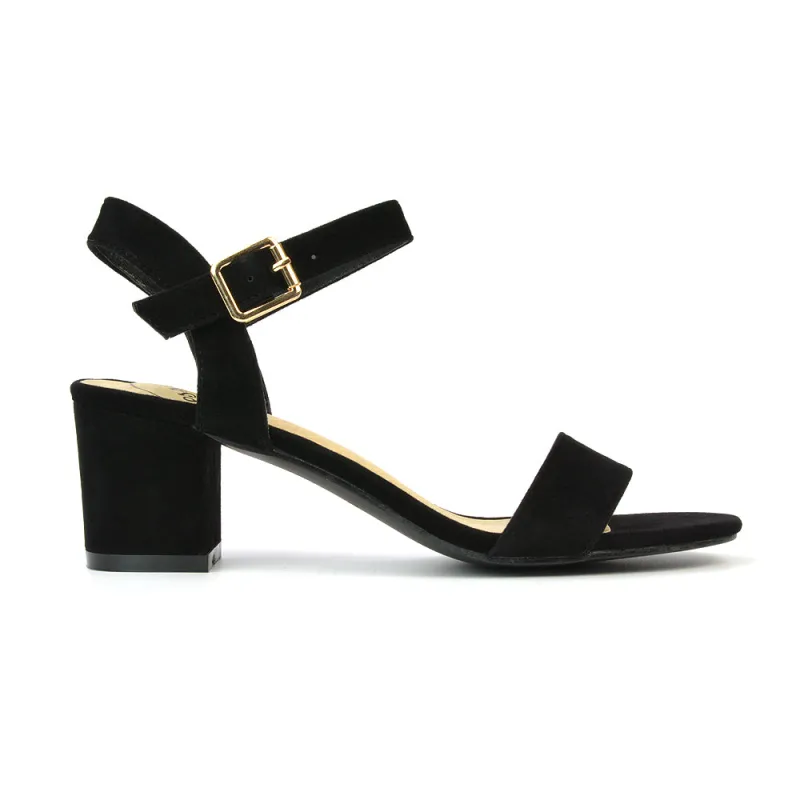 Mariana Strappy Buckle Up Mid Block Heel Sandals in Black Faux Suede made by XYlondon