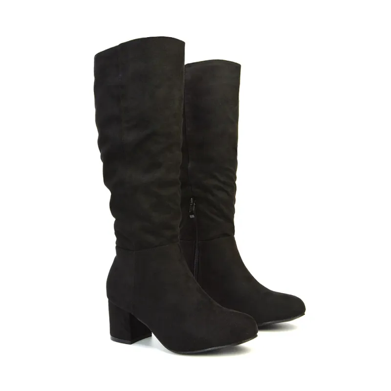 Jackie Ruched Mid Block High Heel Mid Calf High Boots in Black Faux Suede sold by XYlondon