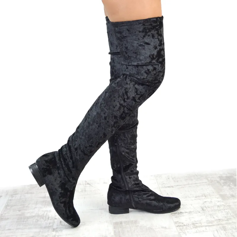 WILLOW FLAT RIDING FAUX SUEDE THIGH KNEE HIGH BOOTS IN BLACK sold by XYlondon