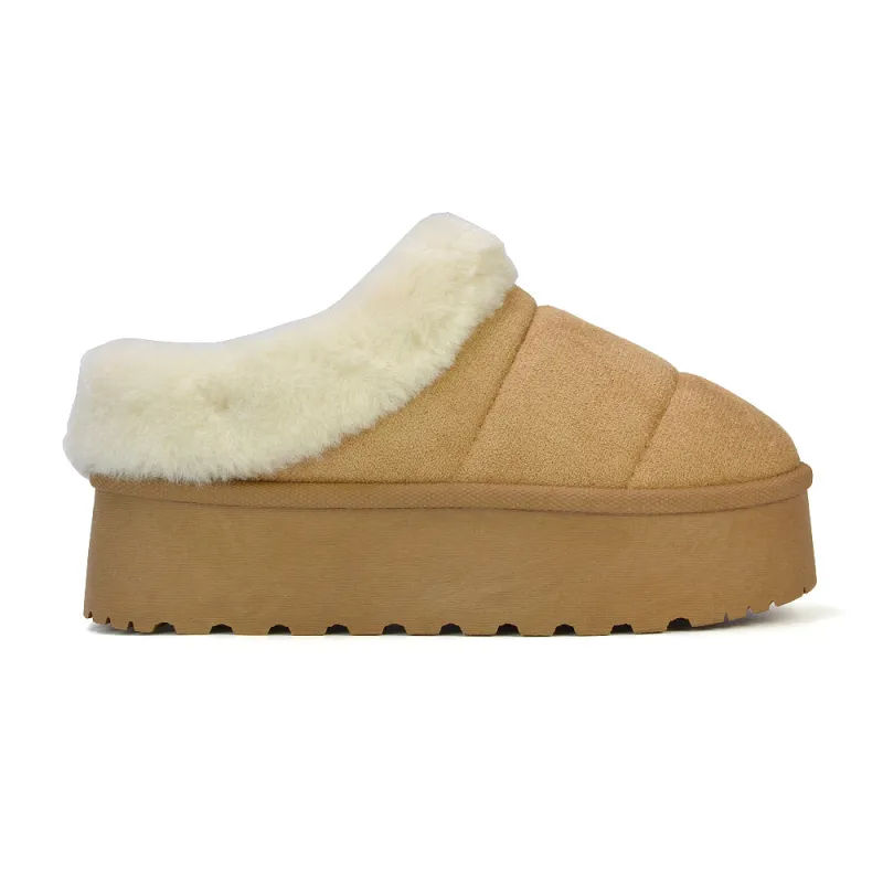 Laylin Faux Fur Platform Slipper Micro Ultra Mini Boots In Sand sold by XYlondon