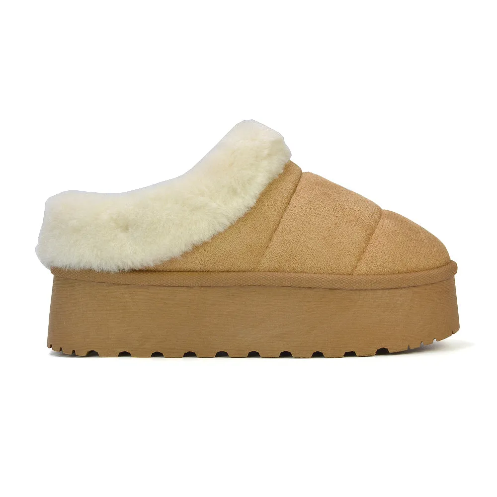 Laylin Faux Fur Platform Slipper Micro Ultra Mini Boots In Sand sold by XYlondon