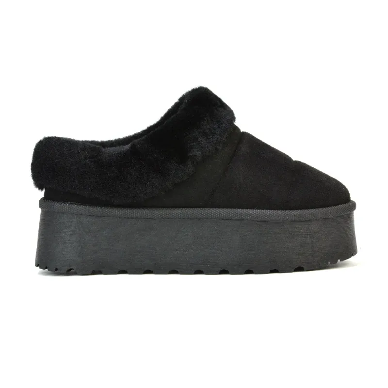Laylin Faux Fur Platform Slipper Micro Ultra Mini Boots In Black sold by XYlondon