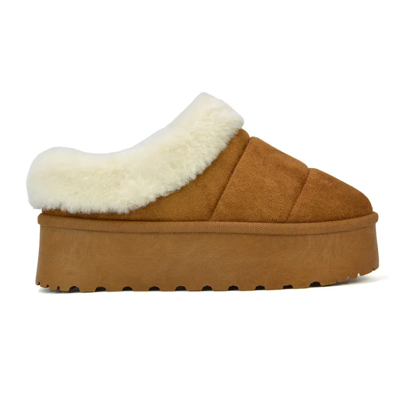 Laylin Faux Fur Platform Slipper Micro Ultra Mini Boots In Chestnut made by XYlondon