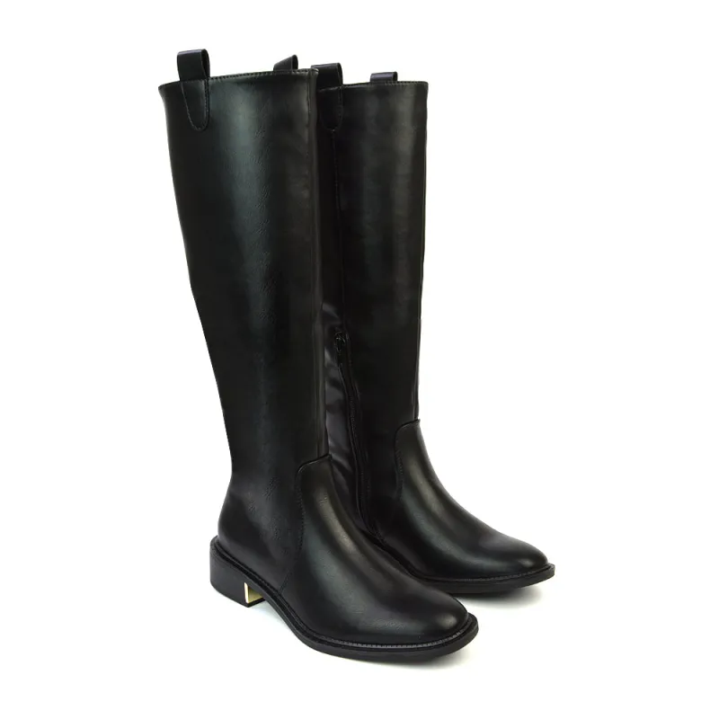 Prince Winter Flat Knee High Boots With Inside Zip in Black Synthetic Leather sold by XYlondon