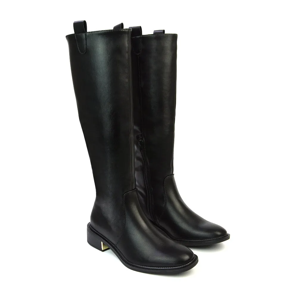Prince Winter Flat Knee High Boots With Inside Zip in Black Synthetic Leather sold by XYlondon