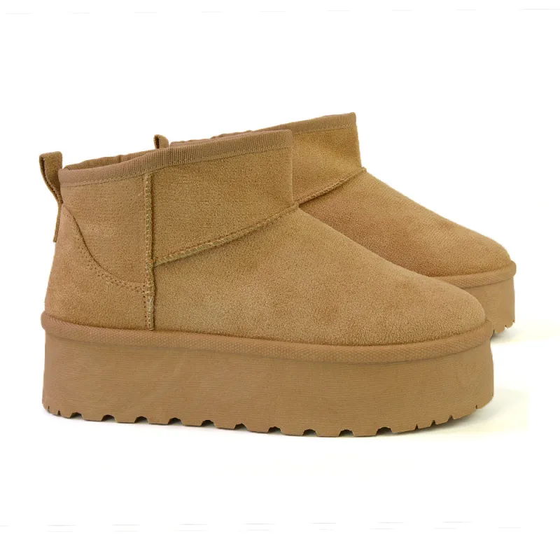 Selina Mini Micro Flatform Micro Faux Fur Ankle Boots in Stone made by XYlondon