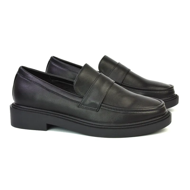 Hanah Chunky Loafers Flat Back To School Shoes In Black Synthetic Leather made by XYlondon