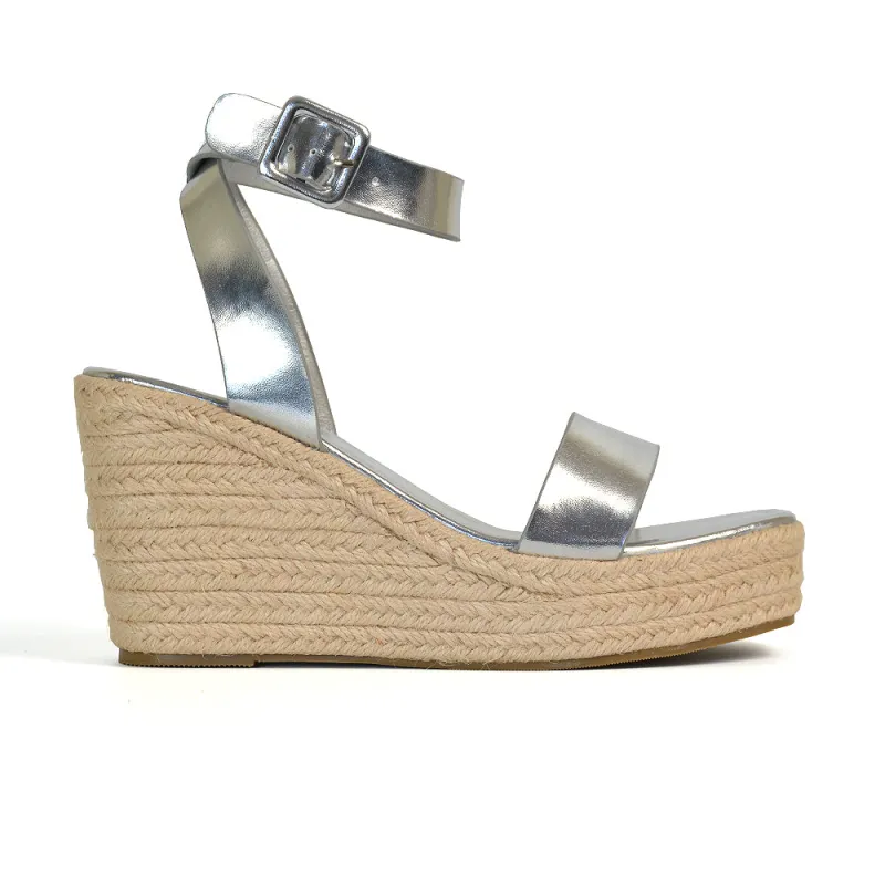 Dayla Platform Espadrille Sandal Wedge Heel With a Square Toe in Silver sold by XYlondon