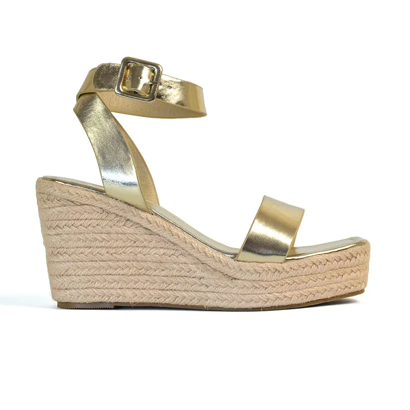 Dayla Platform Espadrille Sandal Wedge Heel With a Square Toe in Gold sold by XYlondon