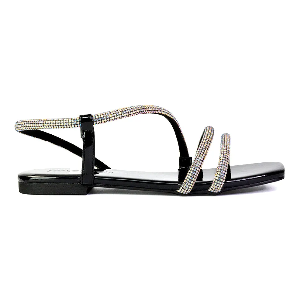 Dove Sparkly Low Heel Square Toe Strappy Diamante Flat Sandals in Black sold by XYlondon product image thumbnail 4